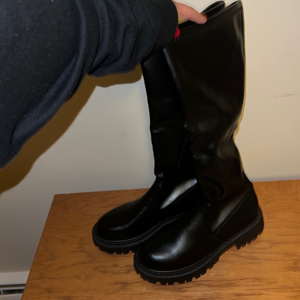 Black pleather thigh high combat boots